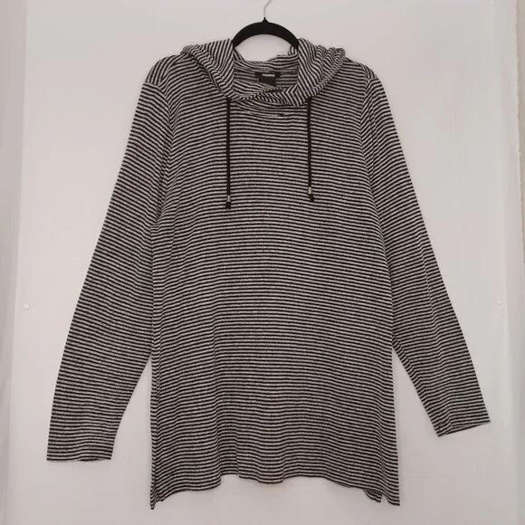 Women's Premise Black N White Striped Drawstring Hoodie with Side Slits Size XL - Picture 1 of 8